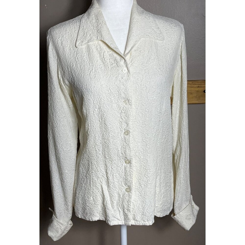 Katrina Ivory Silk Blouse Button Up Textured Luxury Coquette Capsule Womens 8